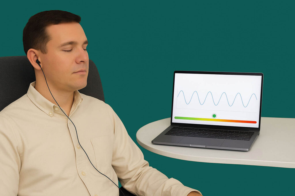 Man undergoing a cardiac coherence assessment using Neural Chek at Xtend Optimal Health in a calm wellness consultation room
