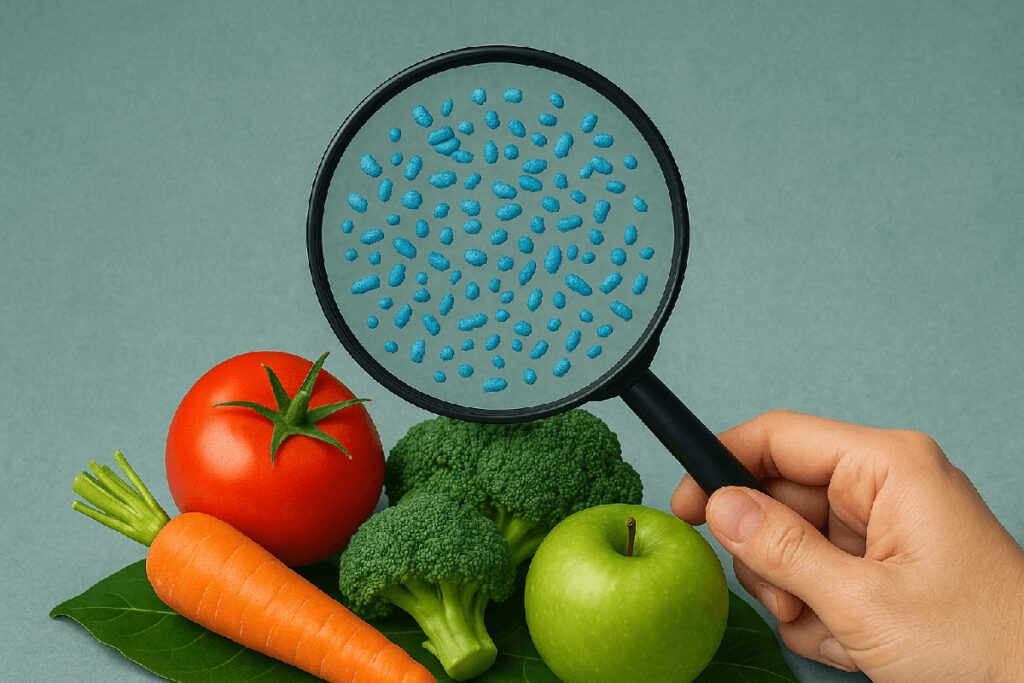 Image showing how to remove microplastics from your body using ozone detox, with fruits and vegetables under magnification.